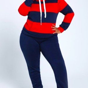 Plus Size Hooded Collar Striped Tracksuit Set (Black and White (5X  )